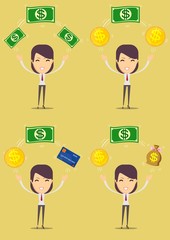 Close up of female accountant or banker making calculations. Savings, finances and economy concept. Stock flat vector illustration.