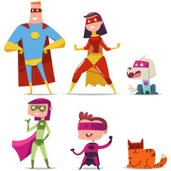Superheroes family with kid, cat and dog. Cartoon vector character set of a man, woman, boy and girl heroes in masks and cloaks isolated on white background.