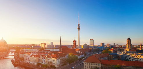 Skyline Of Berlin in Germany on a sunset, toned image