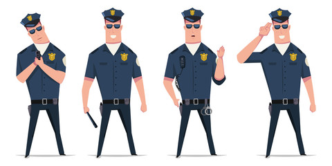 Police officer vector set. Funny cartoon character of a policeman in different poses with handcuffs, a gun and a baton isolated on white background.