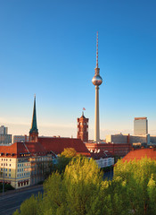 Aerial view of central Berlin on a bright day in Spring with television tower on Alexanderplatz