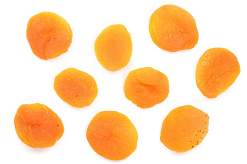 Dried apricots isolated on a white background. Top view. Flat lay pattern