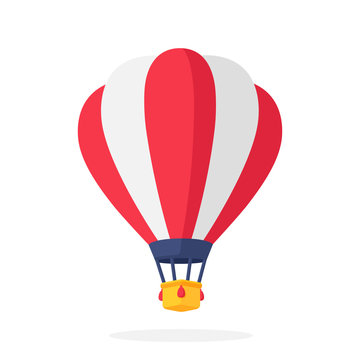 Hot air balloon with red and white stripes in flat style