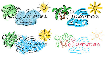 Summer title palm wave sun sketch with color pencil watercolor felt pen grunge vector illustration
