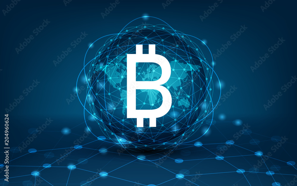 Poster bitcoin block chain world map security system digital currency financial business in the online worl