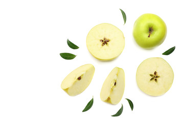 green apples with slices isolated on white background. top view