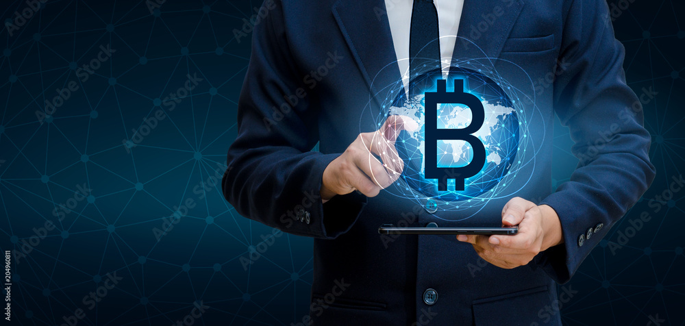 Poster bitcoin block chain world map security system digital currency financial business in the online worl