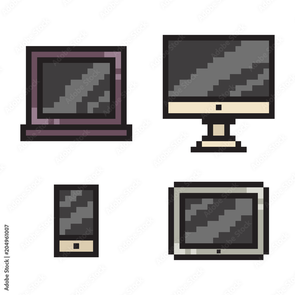 Fototapete Pixel art phone, laptop, tablet and computer. Vector 8 bit game web icon set isolated on white background.