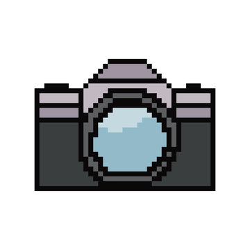 Pixel art camera. Vector 8 bit game web icon isolated on white background.