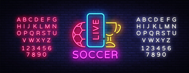 Live Soccer Neon Sign Vector. Live Football Logo neon, design template emblem, online soccer symbol, light banner, bright night football advertising, european football sign. Editing text neon sign