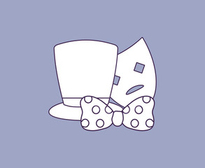 top hat with bow tie and theather mask over purple backgorund, colorful line design. vector illustration