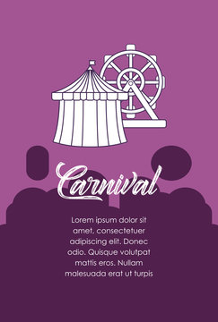 infographic of carnival circus concept with circus tent and ferris wheel over purple background, colorful design. vector illustration