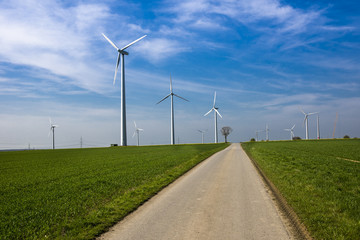 Large wind farm on agricultural area at Paderborn, North Rhine-Westphalia, Germany, Europe
