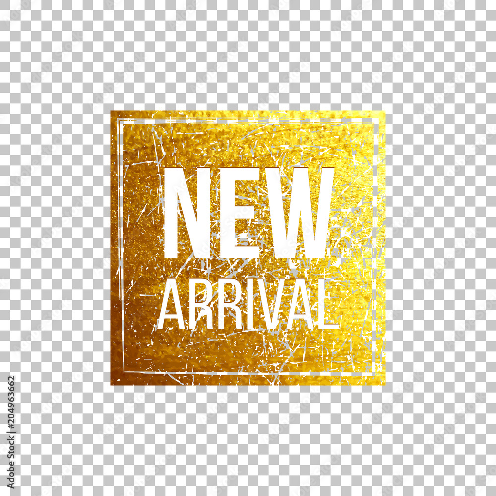 Poster new arrival text on the golden grunge square isolated on transparent background. vector design eleme