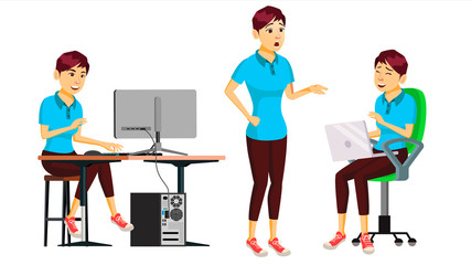 Office Worker Vector.Woman. Successful Officer, Clerk, Servant. Adult Business Woman. Face Emotions, Various Gestures. Isolated Flat Cartoon Illustration