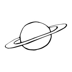 Black and white Saturn vector icon. Hand drawn style.