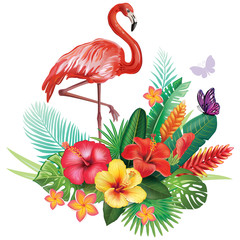 Fototapeta premium Aranżacja z kwiatów tropikalnych i flamingów
