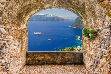 Rock balcony overlooking Sorrento Peninsula seen from Capri, Naples, Italy