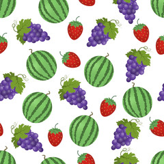 Seamless pattern of fruits of watermelon, grapes and strawberries. Vector illustration