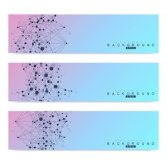 Scientific set of modern vector banners. DNA molecule structure with connected lines and dots. Science vector background. Medical, tecnology, chemistry design.