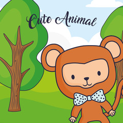cute monkey over forest landscape background, colorful design. vector illustration