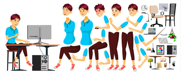 Office Worker Vector. Woman. Happy Clerk, Servant, Employee. Business Woman Person. Japanese Lady Face Emotions, Nipponese Various Gestures. Flat Character Illustration