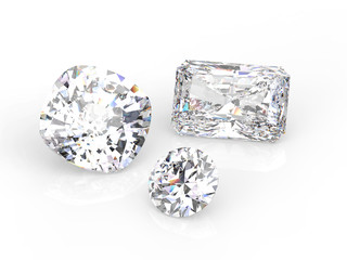3D illustration isolated group of three white round diamonds stones