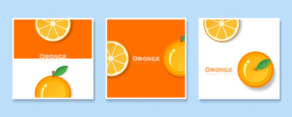 Set of fruit banners with orange in paper art style , vector , illustration