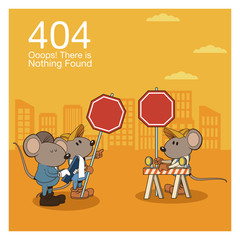 Error 404 nothing found banner with worker mouses under construction cartoons vector illustration graphic design