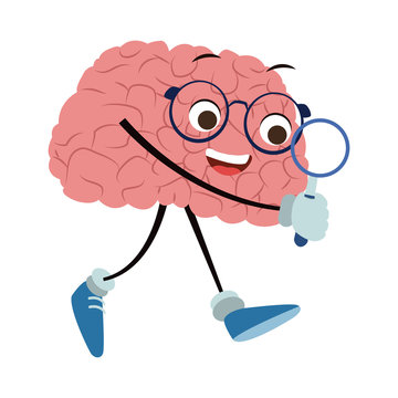 Funny brain cartoon with magnifying glass vector illustration graphic design