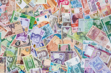 Variety of global banknotes, money collection, currencies