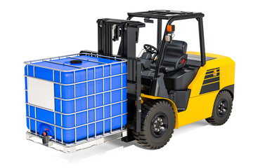 Forklift truck with blue intermediate bulk container, 3D rendering