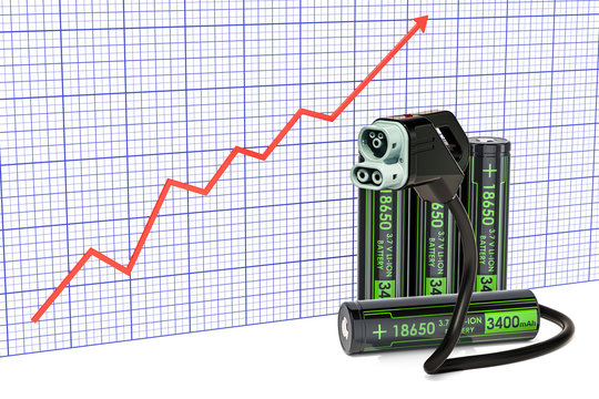 Electric car charging plug and batteries with growing chart, 3D rendering