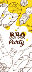 BBQ and grill banner with sketch objects. Hand drawn barbecue elements around decorative text. BBQ party.