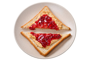 Peanut butter and jelly sandwich on wooden background. Space for text or design.