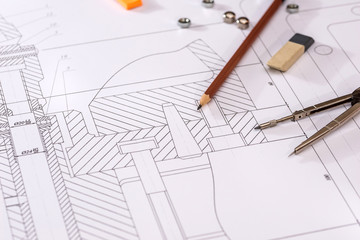 detailed drawing of parts, nuts on paper