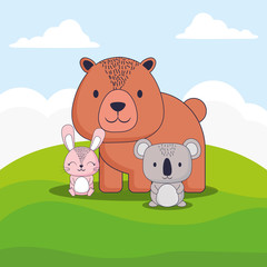 Obraz na płótnie Canvas cute bear with rabbit and koala over landscape background, colorful design. vector illustration