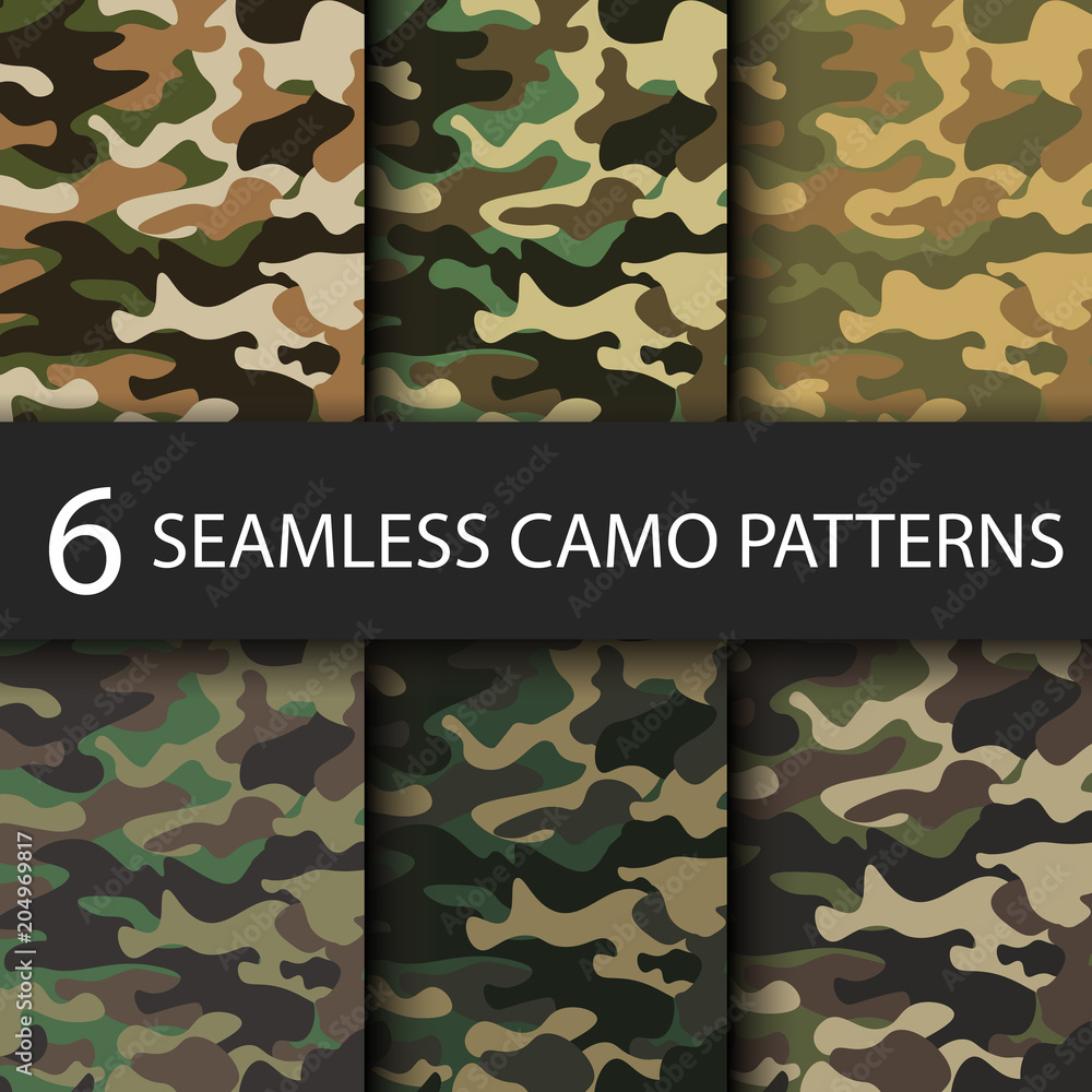 Wall mural Set of 6 pack Camouflage seamless patterns background with black shadow. Classic clothing style masking camo repeat print. Bright colors of forest texture. Vector illustration web design and clothes. - Wall murals