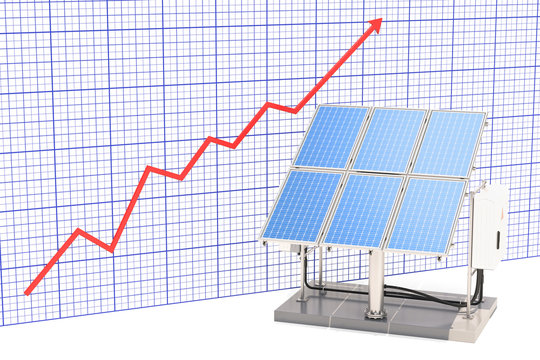 Solar panels with growing chart. 3D rendering