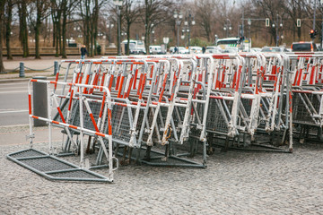 barricades or fences for public actions in Berlin. Fences for demonstration or protest action and...