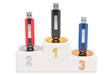 USB flash ratings concept. Winners podium with usb flash drives, 3D rendering