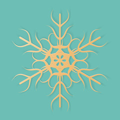 Vector illustration, golden snowflake in paper cut style with transparent shadows isolated on green background