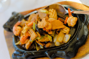 Popular asian orientalfood plate of fresh savory tasty cuisine background. Top side view closeup photo