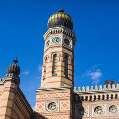 The Dohany Street Synagogue facade exterior in Budapest with blue sky, the biggest sinagogue in Europe, Hungary