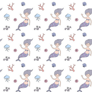 Seamless pattern with cartoon mermaids.