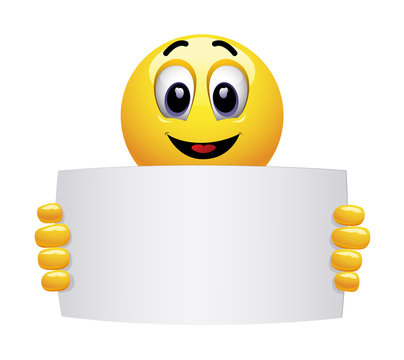 Smiley emoticon holding and showing advertise. Smiley showing a white blank for marketing text or image. Create effective marketing text messages.