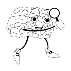 Funny brain cartoon with magnifying glass vector illustration graphic design