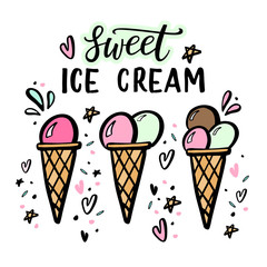 Hand drawn illustrations of ice cream with hand lettering.