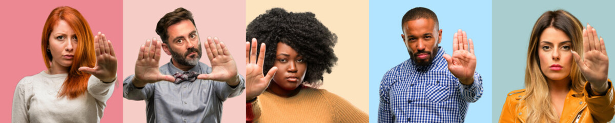 Cool group of people, woman and man annoyed with bad attitude making stop sign with hand, saying...