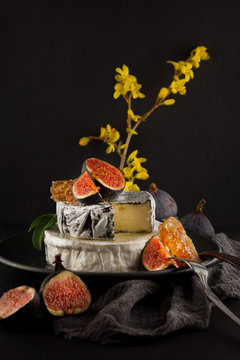 tasty camembert with fresh figs and honey with honeycombs, decorated on a plate on dark background, rustic, moody food photography